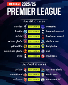 ตารางพรีเมียร์ลีก 20–21 กันยายน 2025 พร้อมลิงก์ดูบอลสด ไฮไลท์ทุกคู่ อัพเดทคะแนนล่าสุดทันใจแฟนบอลอังกฤษ”