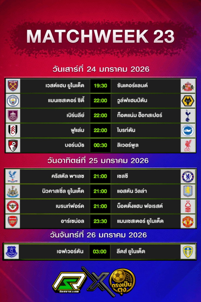 โปรแกรม พรีเมียร์ลีก 2025/26 สัปดาห์ที่ 23
